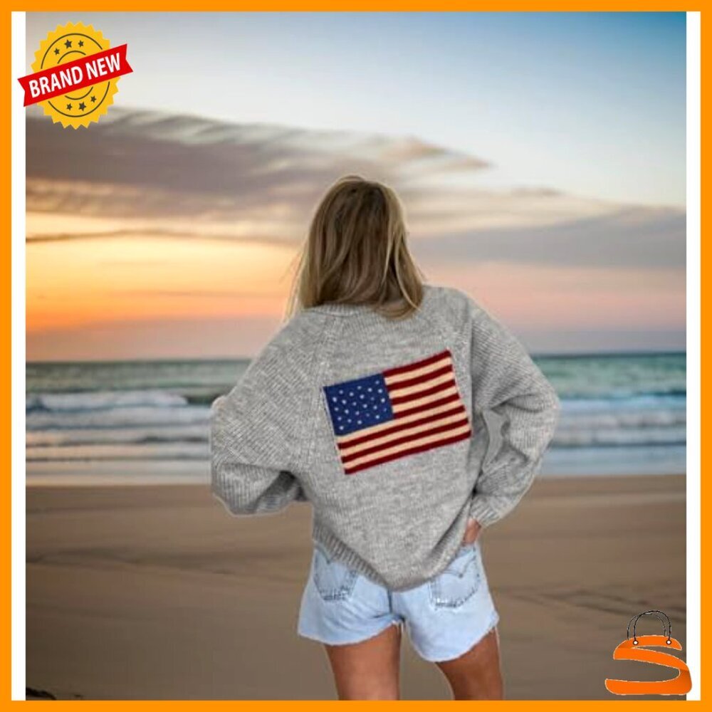 American Flag Knit Cardigan Sweater Women's Loose Fit Polyester Blend - Picture 2 of 2